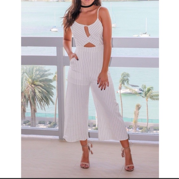 Saved By The Dress Pants - Pinstripe Cut Out Jumpsuit